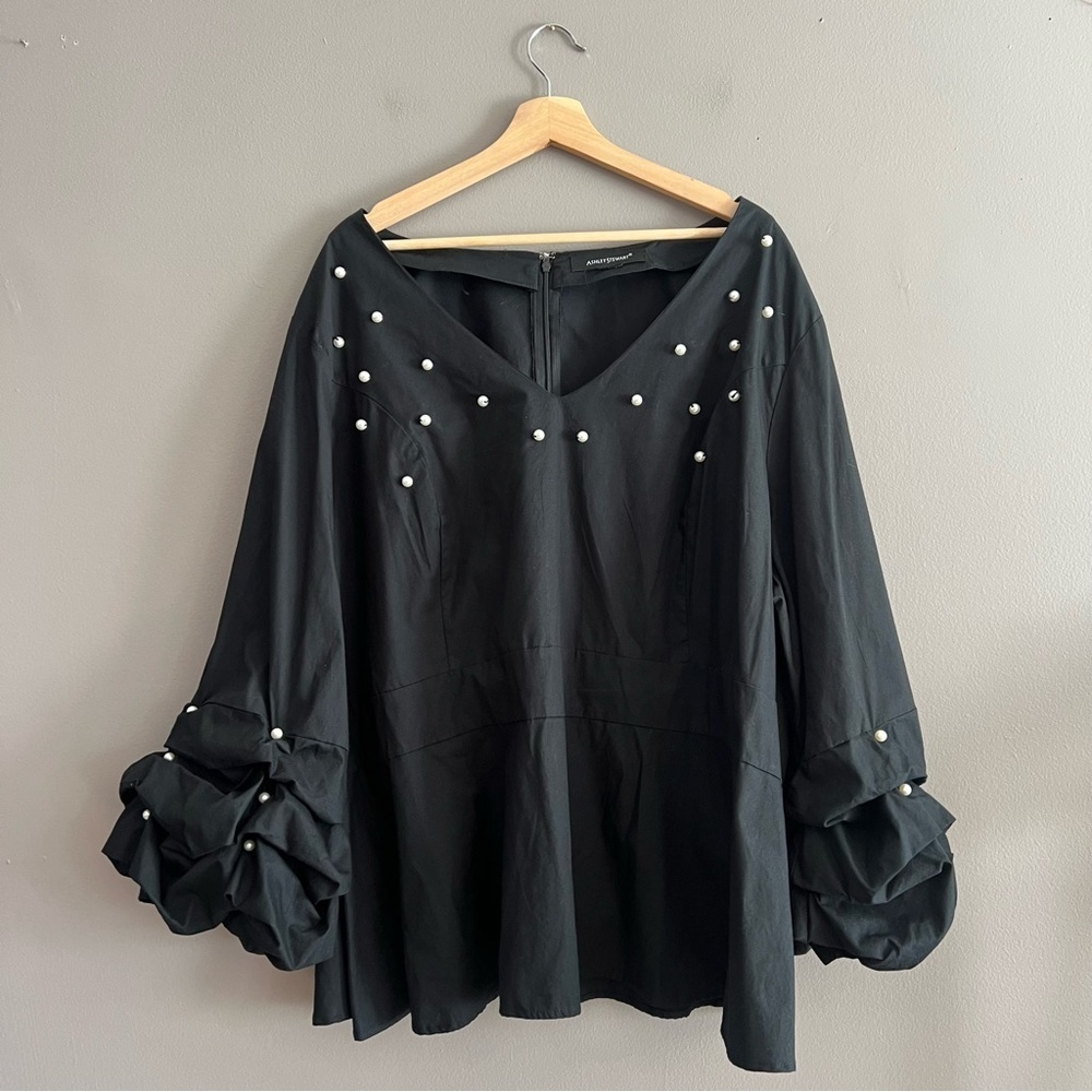Ashley Stewart Women’s Blouse Ruffle Sleeves Pearl Embellished Black Sz 5X**